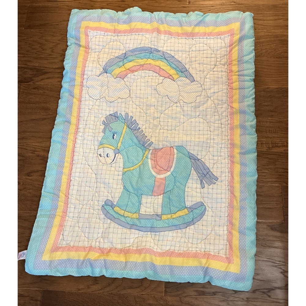VTG Comforter Baby Dreams Bibb Rocking Horse Rainbow Nursery‎ Crib Quilt 30x42".